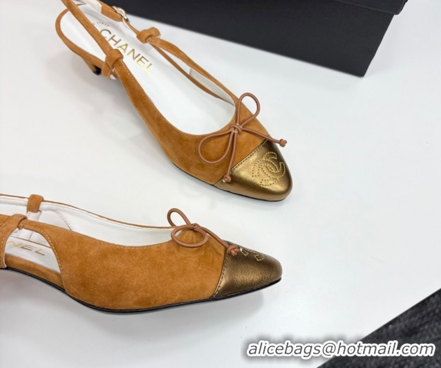 Stylish Chanel Suede & Calfskin Slingback Pumps with Bow Yellow 2025 CH061027