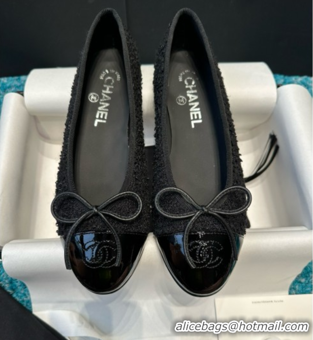 Top Grade Chanel Tweed & Patent Leather Ballet Flats CHB070702 Black