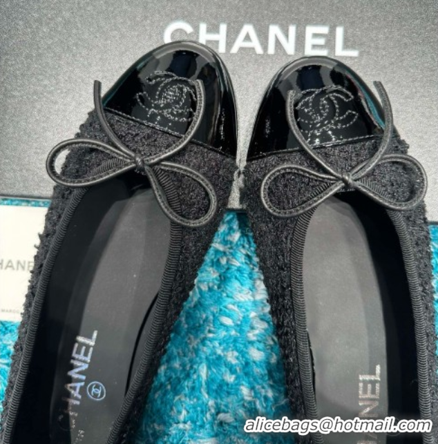 Top Grade Chanel Tweed & Patent Leather Ballet Flats CHB070702 Black