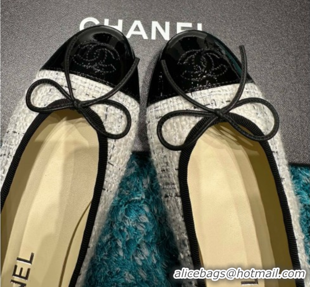 Hot Style Chanel Tweed & Patent Leather Ballet Flats CHB070703 White/Black
