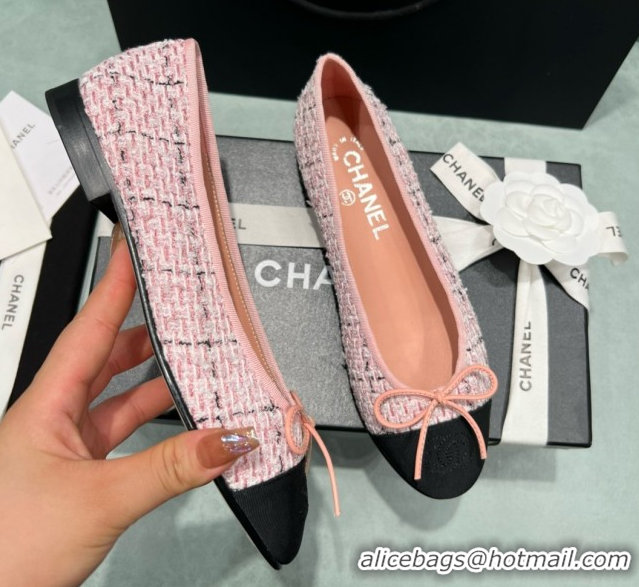 Purchase Chanel Tweed & Grosgrain Ballet Flats CHB070706 Pink/Black