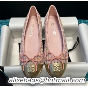 Good Quality Chanel Tweed & Leather Ballet Flats CHB070707 Pink/Gold