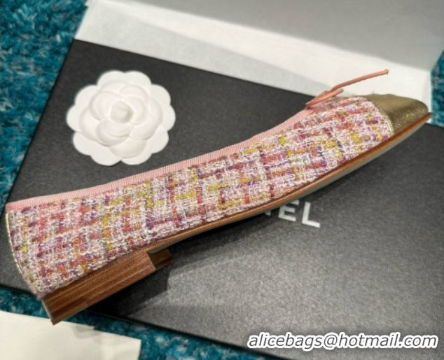 Good Quality Chanel Tweed & Leather Ballet Flats CHB070707 Pink/Gold