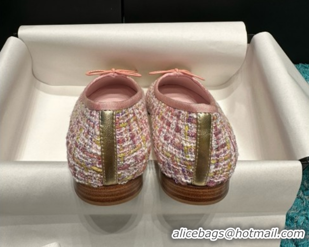Good Quality Chanel Tweed & Leather Ballet Flats CHB070707 Pink/Gold