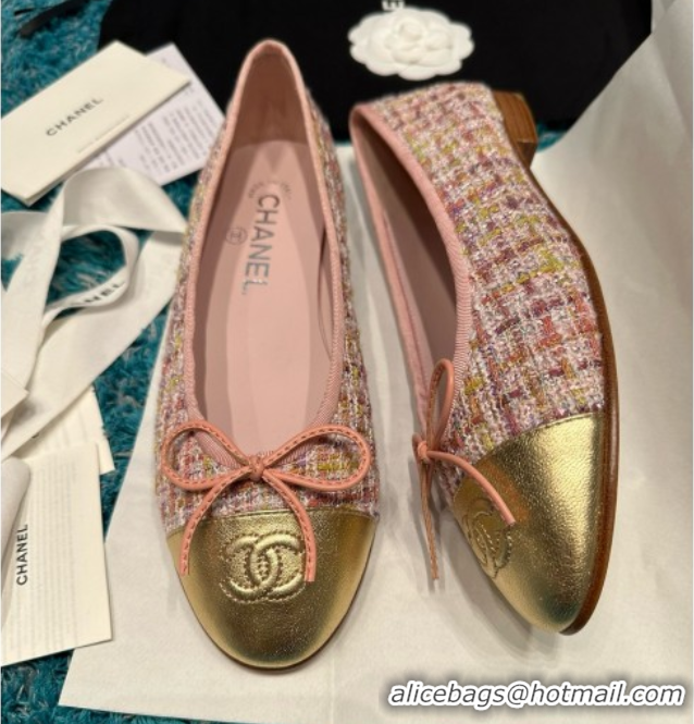 Good Quality Chanel Tweed & Leather Ballet Flats CHB070707 Pink/Gold
