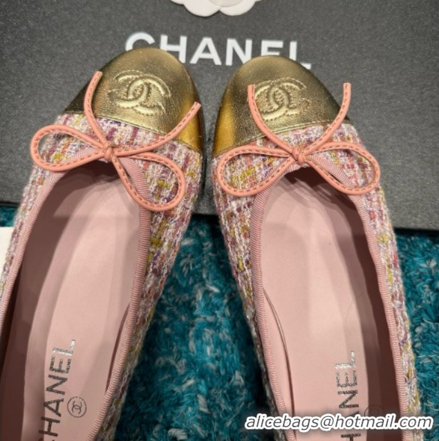 Good Quality Chanel Tweed & Leather Ballet Flats CHB070707 Pink/Gold
