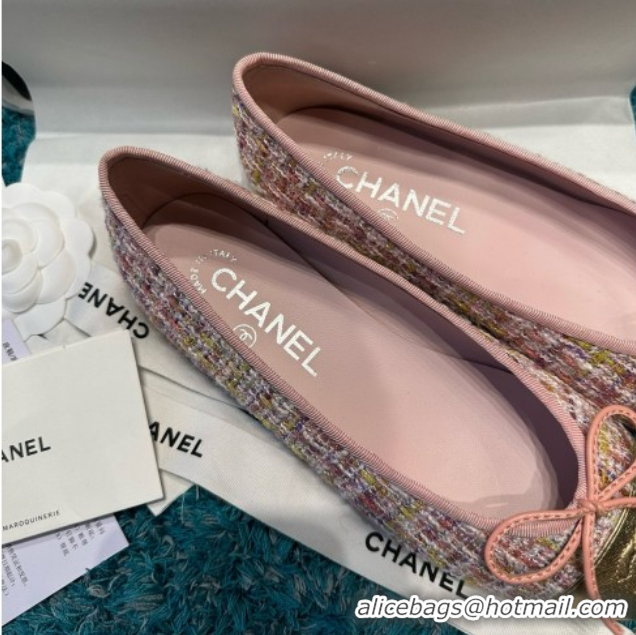 Good Quality Chanel Tweed & Leather Ballet Flats CHB070707 Pink/Gold