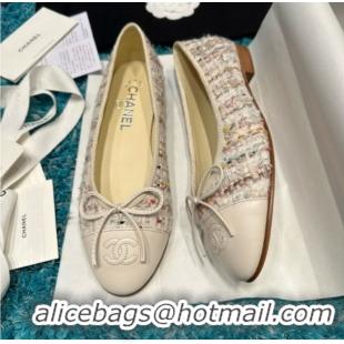 Best Price Chanel Tweed & Leather Ballet Flats CHB070708 White