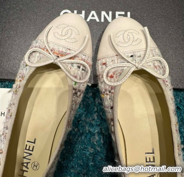 Best Price Chanel Tweed & Leather Ballet Flats CHB070708 White