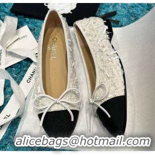 Low Price Chanel Tweed & Grosgrain Ballet Flats CHB070710 White