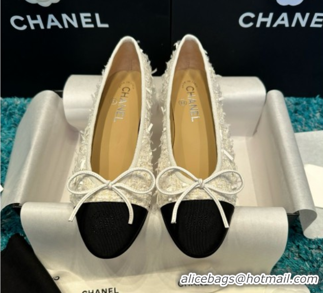 Low Price Chanel Tweed & Grosgrain Ballet Flats CHB070710 White