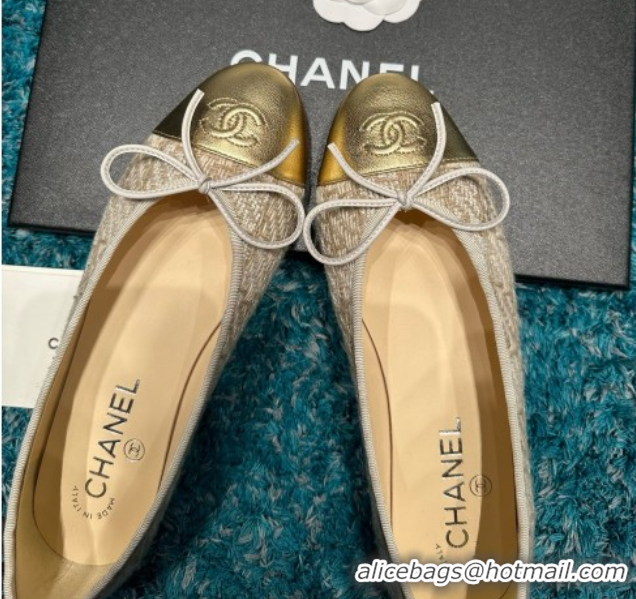Good Looking Chanel Tweed & Leather Ballet Flats CHB070711 Beige/Gold