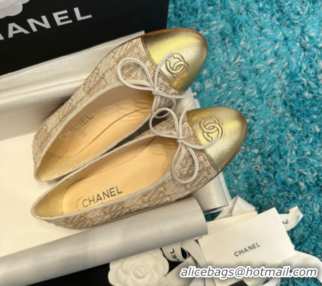 Good Looking Chanel Tweed & Leather Ballet Flats CHB070711 Beige/Gold
