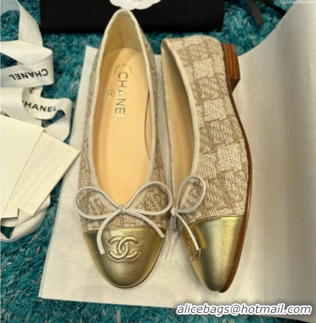 Good Looking Chanel Tweed & Leather Ballet Flats CHB070711 Beige/Gold
