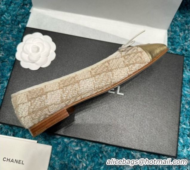 Good Looking Chanel Tweed & Leather Ballet Flats CHB070711 Beige/Gold