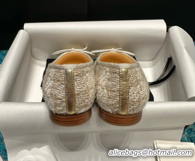 Good Looking Chanel Tweed & Leather Ballet Flats CHB070711 Beige/Gold