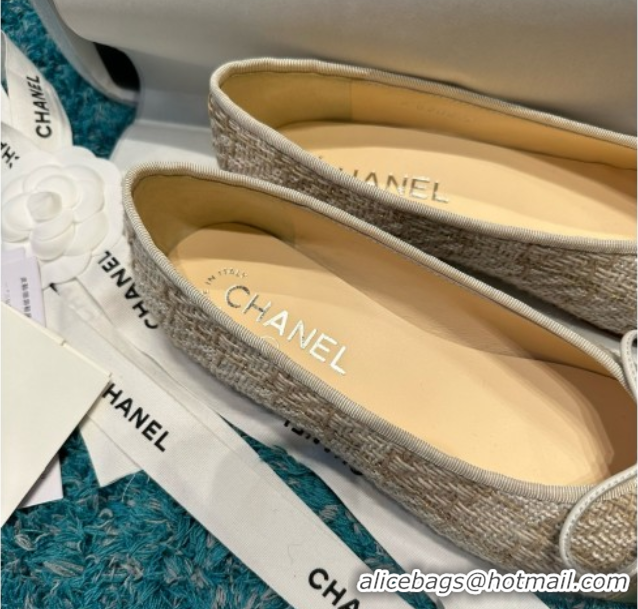 Good Looking Chanel Tweed & Leather Ballet Flats CHB070711 Beige/Gold