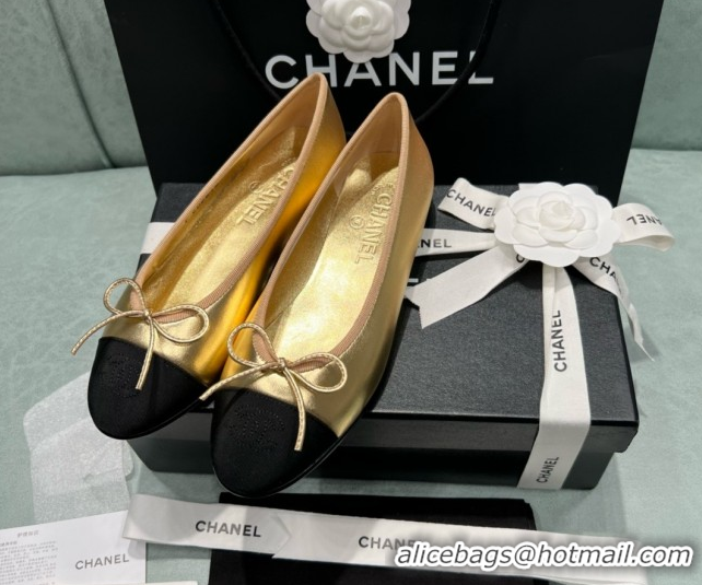 Duplicate Chanel Grosgrain & Lambskin Ballet Flats CHB070713 Black/Gold