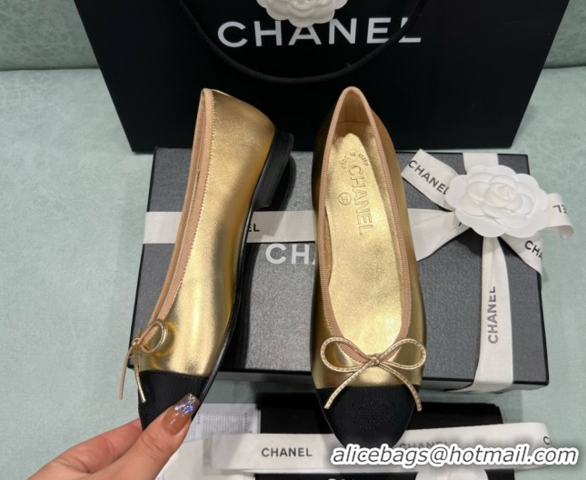 Duplicate Chanel Grosgrain & Lambskin Ballet Flats CHB070713 Black/Gold