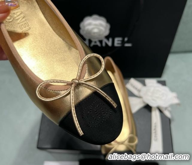 Duplicate Chanel Grosgrain & Lambskin Ballet Flats CHB070713 Black/Gold