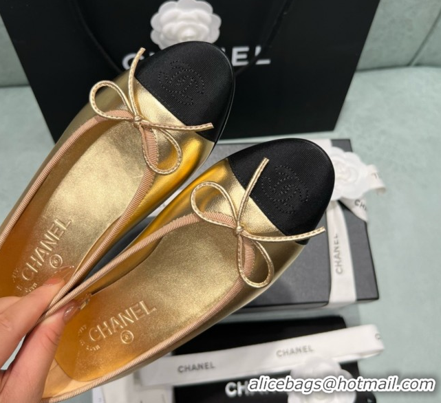 Duplicate Chanel Grosgrain & Lambskin Ballet Flats CHB070713 Black/Gold