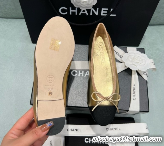 Duplicate Chanel Grosgrain & Lambskin Ballet Flats CHB070713 Black/Gold