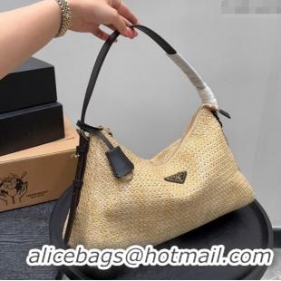 Luxury Cheap Prada Aimee Straw Hobo Bag 1BC228 Black 2025