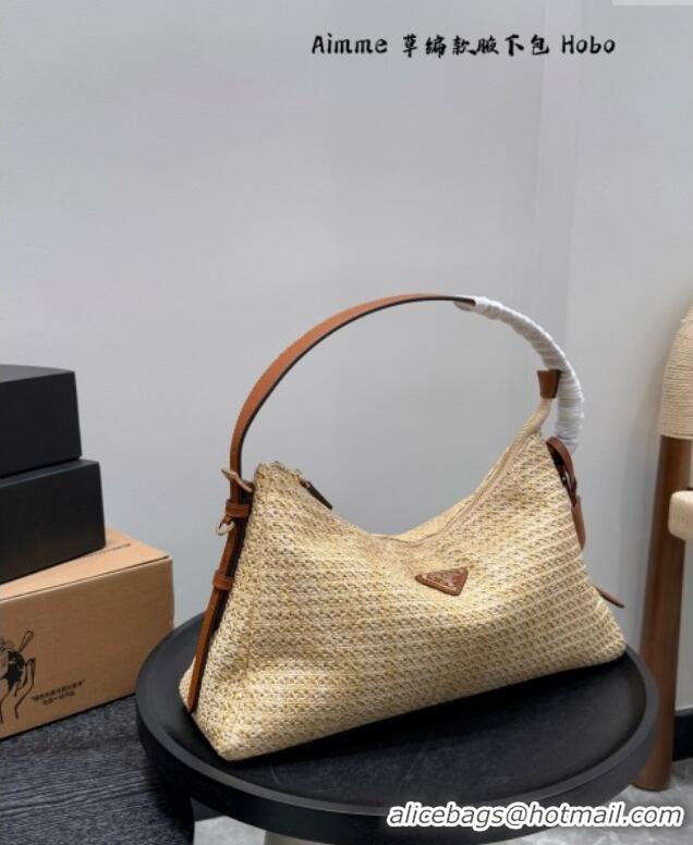 Top Quality Prada Aimee Straw Hobo Bag 1BC228 Brown 2025