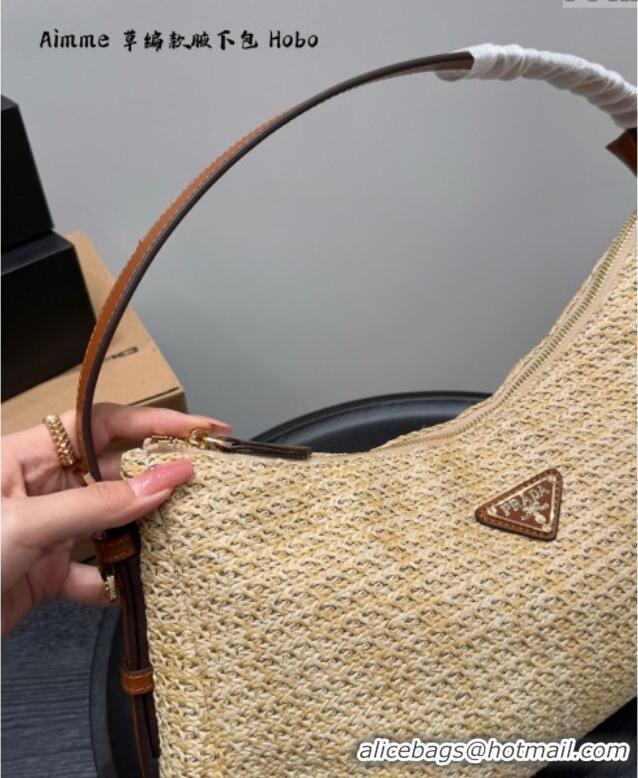 Top Quality Prada Aimee Straw Hobo Bag 1BC228 Brown 2025