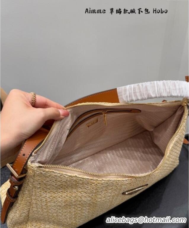 Top Quality Prada Aimee Straw Hobo Bag 1BC228 Brown 2025