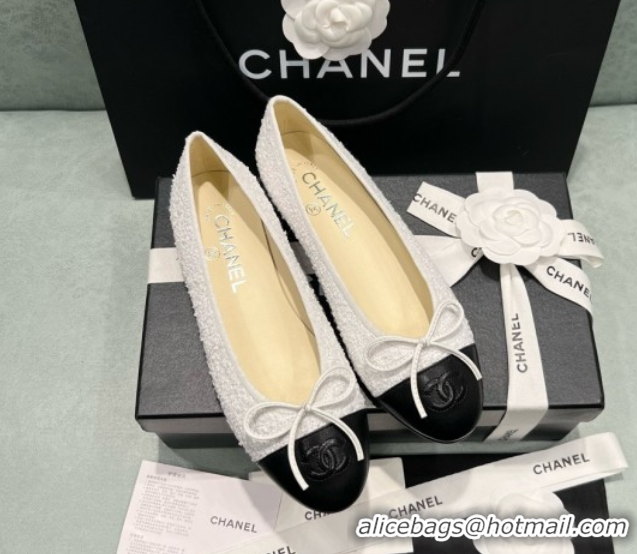 Buy Discount Chanel Tweed & Lambskin Ballet Flats CHB070722 White
