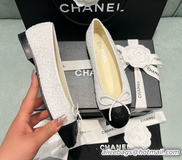 Buy Discount Chanel Tweed & Lambskin Ballet Flats CHB070722 White