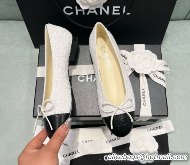 Buy Discount Chanel Tweed & Lambskin Ballet Flats CHB070722 White