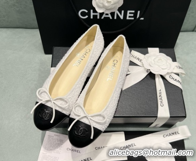 Buy Discount Chanel Tweed & Lambskin Ballet Flats CHB070722 White