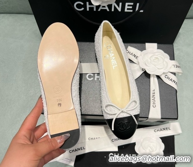 Buy Discount Chanel Tweed & Lambskin Ballet Flats CHB070722 White