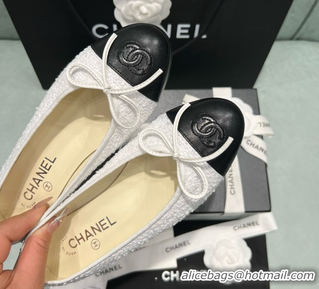 Buy Discount Chanel Tweed & Lambskin Ballet Flats CHB070722 White