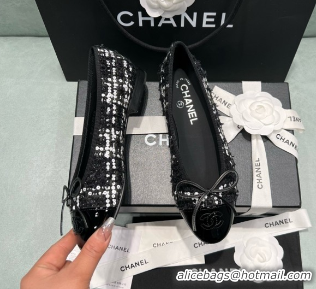 Good Quality Chanel Tweed & Squins Ballet Flats CHB070723 Black