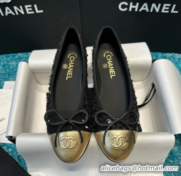 Good Product Chanel Tweed & Squins Ballet Flats CHB070729 Black/Gold
