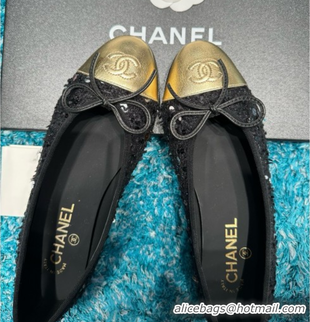 Good Product Chanel Tweed & Squins Ballet Flats CHB070729 Black/Gold