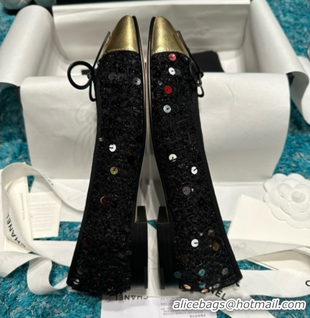 Good Product Chanel Tweed & Squins Ballet Flats CHB070729 Black/Gold