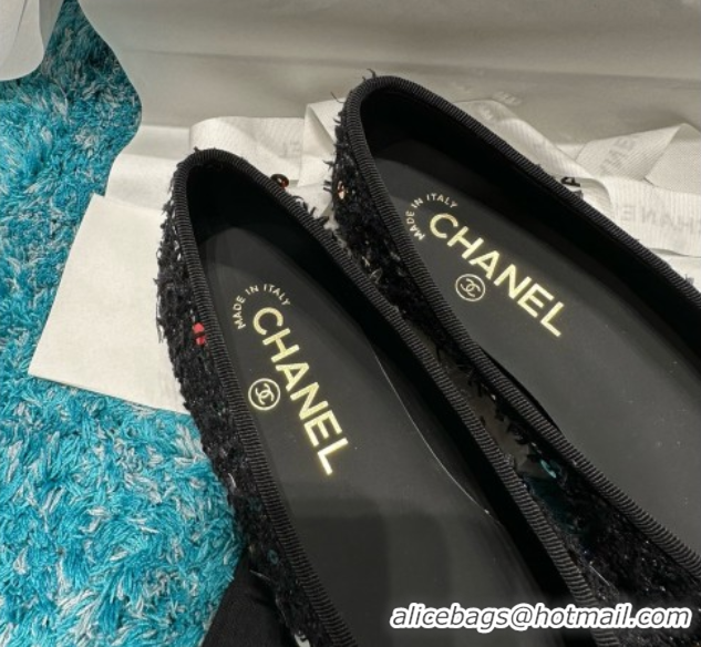 Good Product Chanel Tweed & Squins Ballet Flats CHB070729 Black/Gold