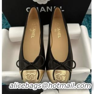 Good Quality Chanel Lambskin Ballet Flats CHB070732 Black/Gold