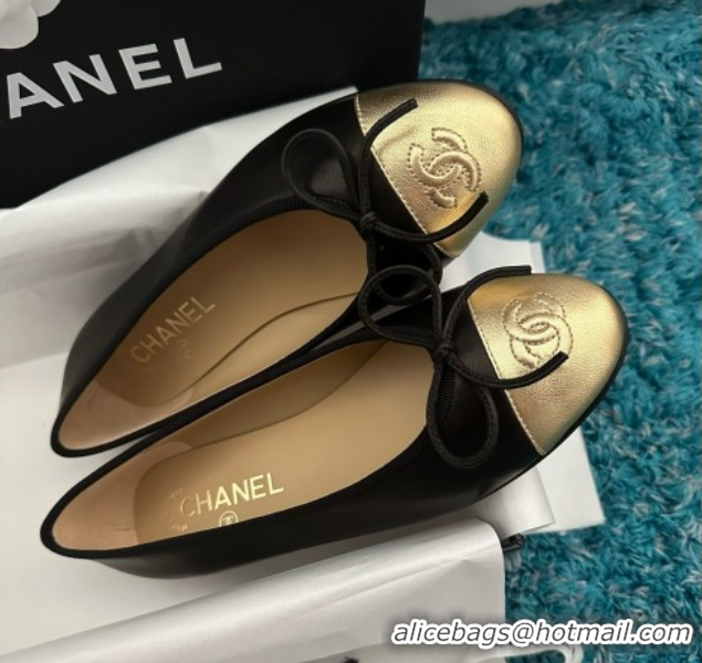 Good Quality Chanel Lambskin Ballet Flats CHB070732 Black/Gold
