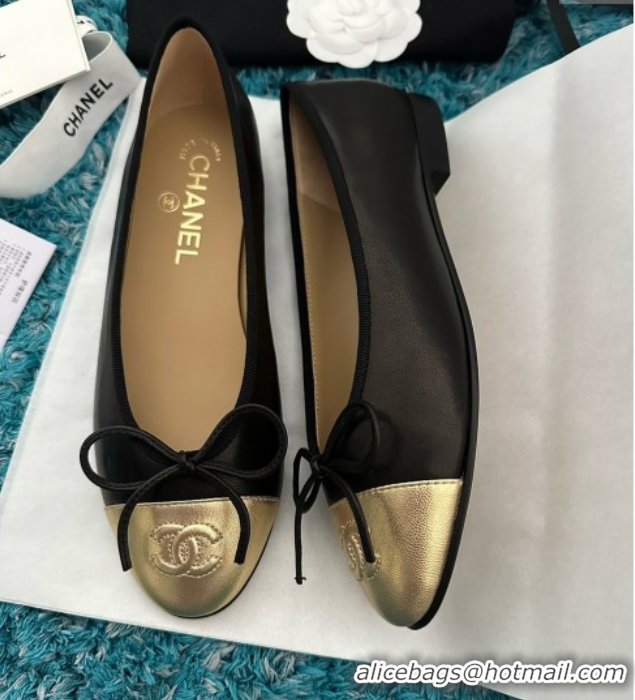 Good Quality Chanel Lambskin Ballet Flats CHB070732 Black/Gold