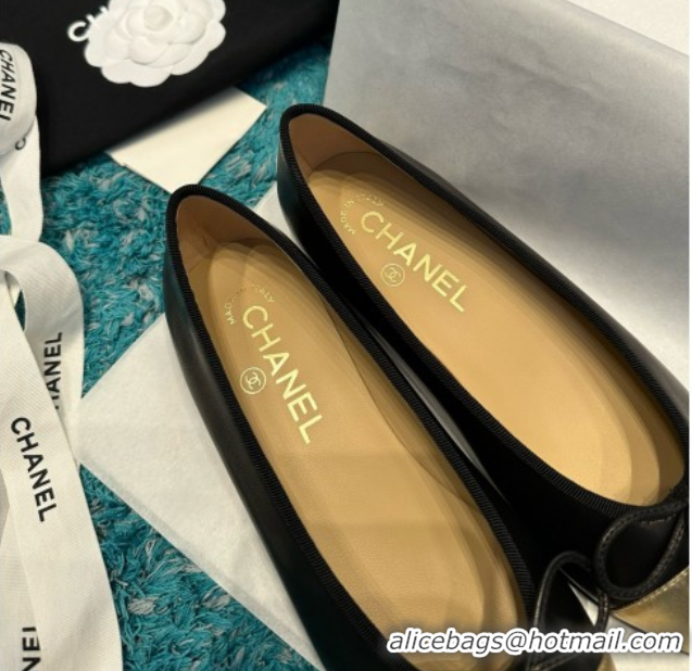 Good Quality Chanel Lambskin Ballet Flats CHB070732 Black/Gold