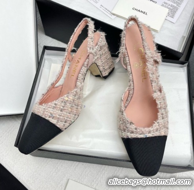 Good Looking Chanel Tweed & Grosgrain Slingbacks Pumps 6.5cm Heel G31318 Pink