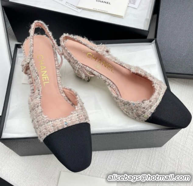 Good Looking Chanel Tweed & Grosgrain Slingbacks Pumps 6.5cm Heel G31318 Pink
