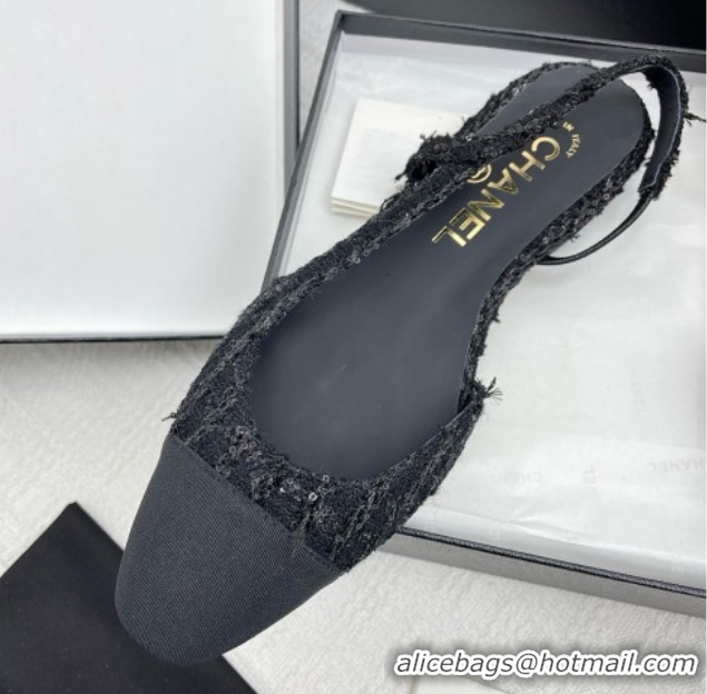 Cheap Chanel Tweed & Grosgrain Slingbacks Flats with Sequins G31319 Black