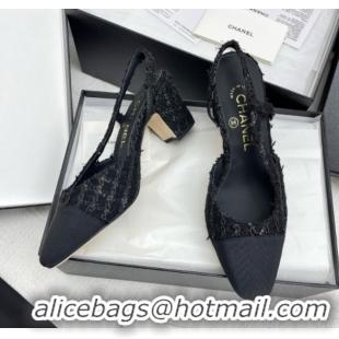 Best Price Chanel Tweed & Grosgrain Slingbacks Pumps with Sequins G31318 6.5cm Heel Black
