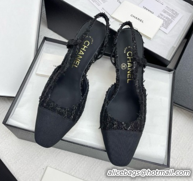 Best Price Chanel Tweed & Grosgrain Slingbacks Pumps with Sequins G31318 6.5cm Heel Black